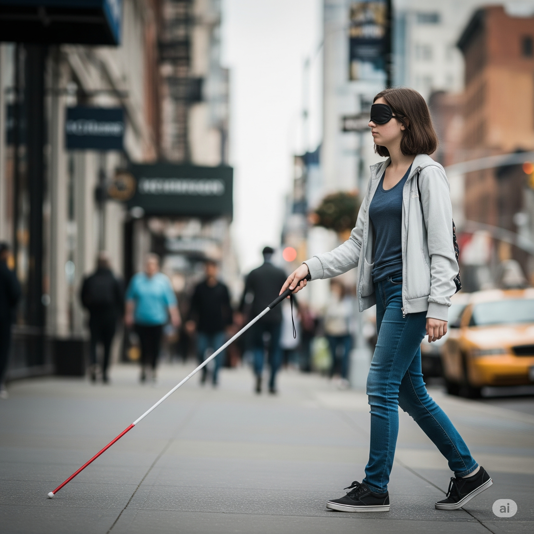 The girl is using a white cane like described, but she is wearing a black blindfold which is not a usual thing for anyone to do while walking in a public place.