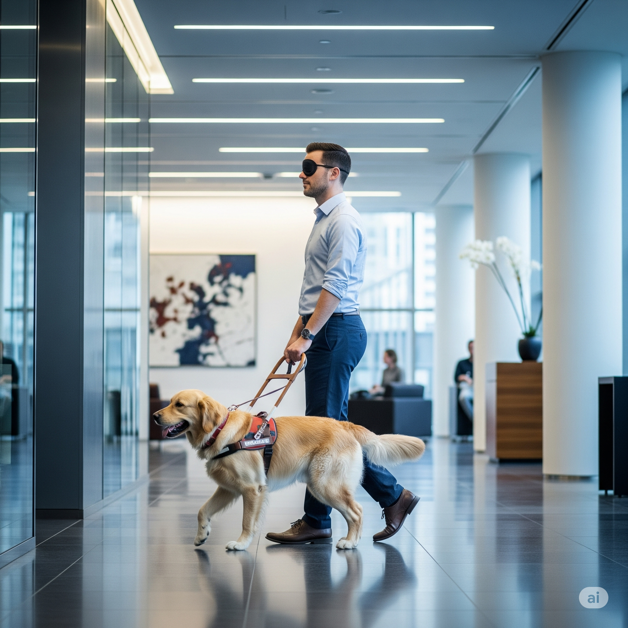 This man appears to be using a guide dog, but the man is wearing a black blindfold which is not a typical thing for someone to do while walking out in public.