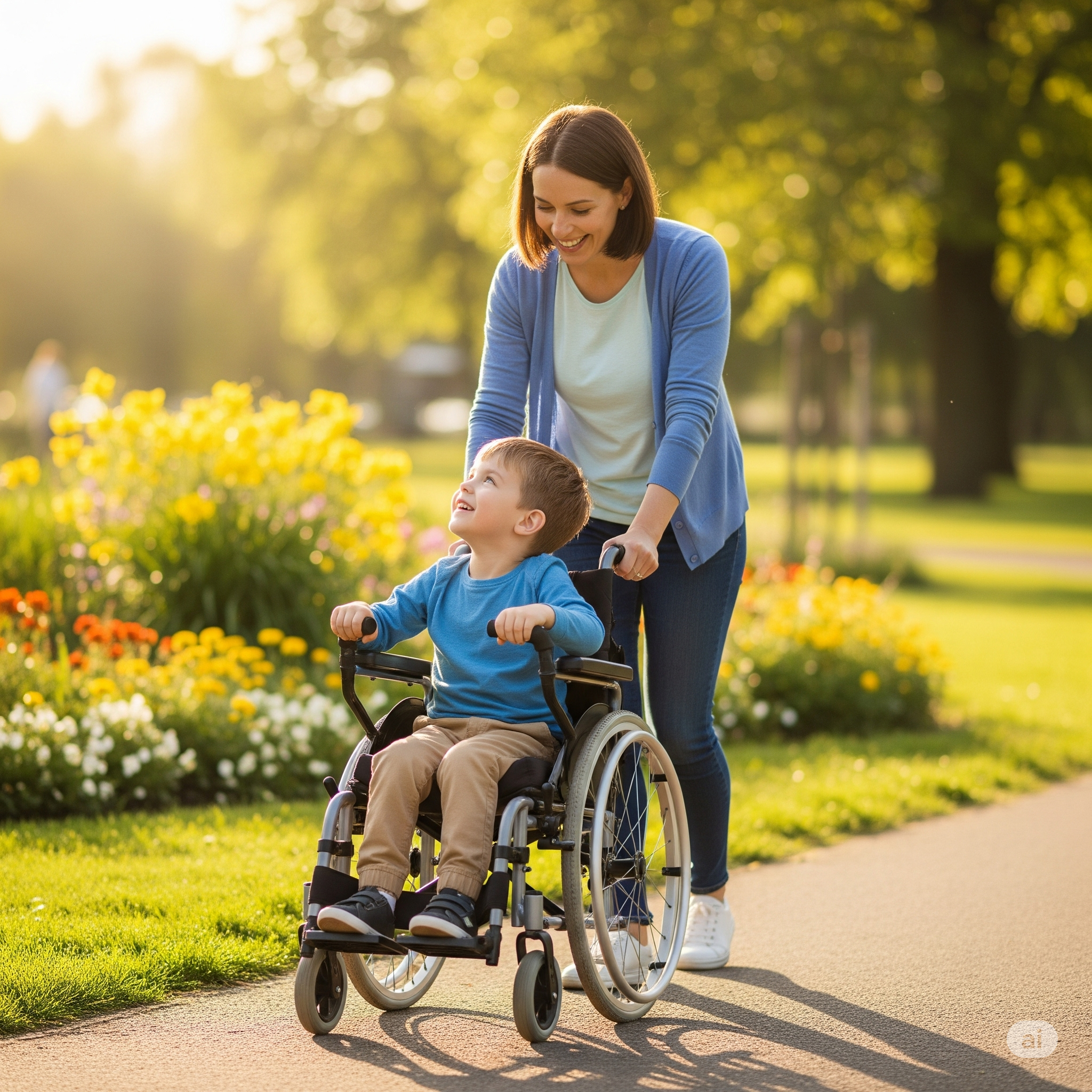 This image has the boy holding onto handles in front of him that would not be part of a typical wheelchair. The woman is pushing the chair from behind it.