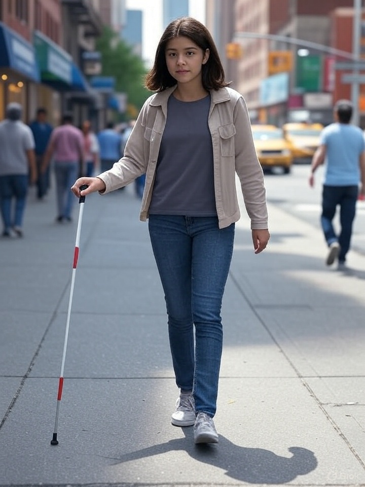 The girl is holding the cane in the air as if she is sweeping across the middle of the space in front of her.
