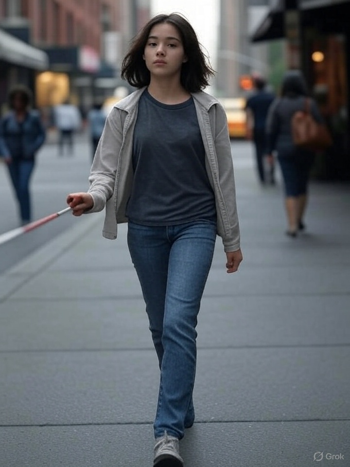 The girl is holding the cane as if it were a sword and pointing it out in front of herself.
