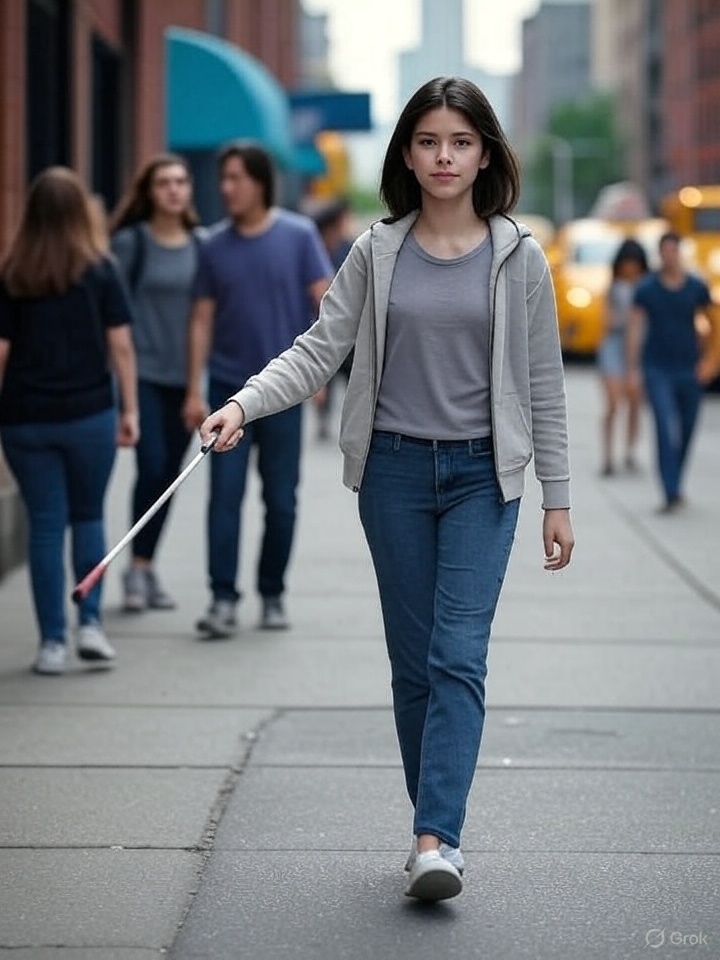 The girl is not holding the cane correctly and looks like she is resting her hand on top of it. It is closer to the correct length, but it is still too short, and the colors are not correct.
