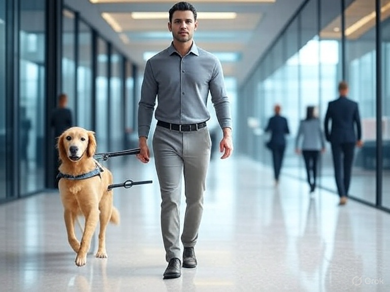 The man is holding a leash attached to a partial harness, and the dog has a second leash coming out from his side.