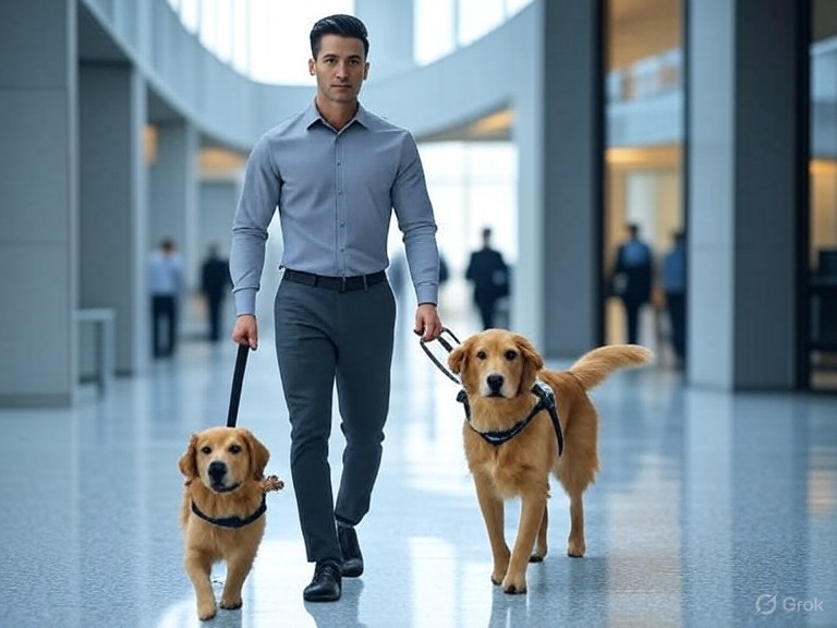 The man is walking 2 dogs. The dog on his right is small and has a leash attached to a harness. The dog on his left is wearing a harness and seems to have a bolled up leash in the man's hand.