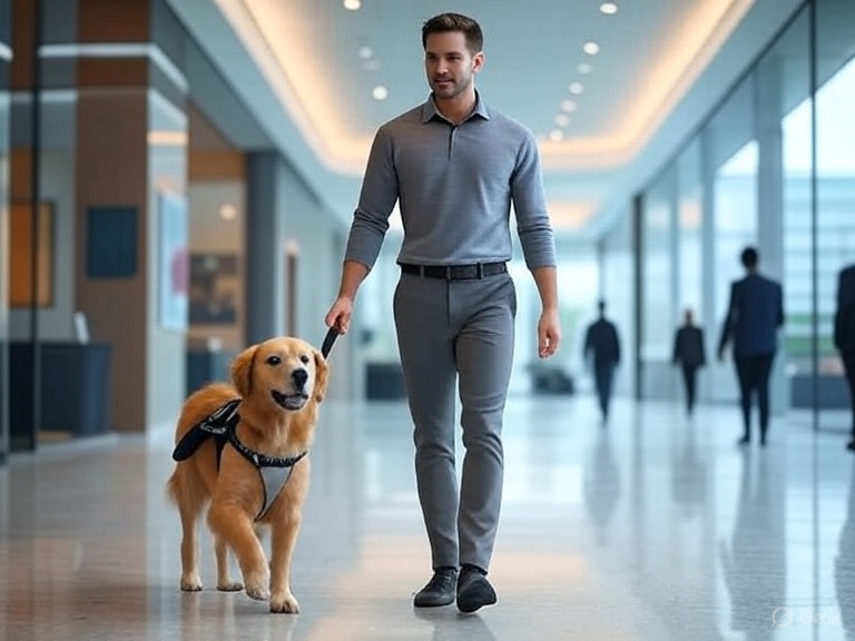 The man is walking with the dog on a leash and a harness, but the dog is turned as if he is about to walk in front of the man.