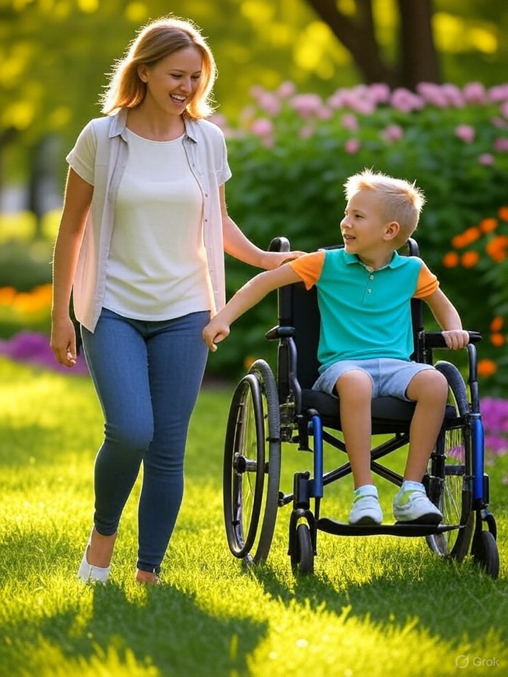 An image of a woman walking beside a young boy who is in a wheelchair. The boy’s left hand doesn’t look natural in the way it is resting on the arm of the chair. 