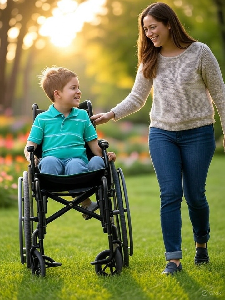 The boy is sitting in the chair and has 3 upper legs and 1 lower leg. The seat is cutting off his legs, and the mother’s hand that is touching the chair looks like an animal paw. 