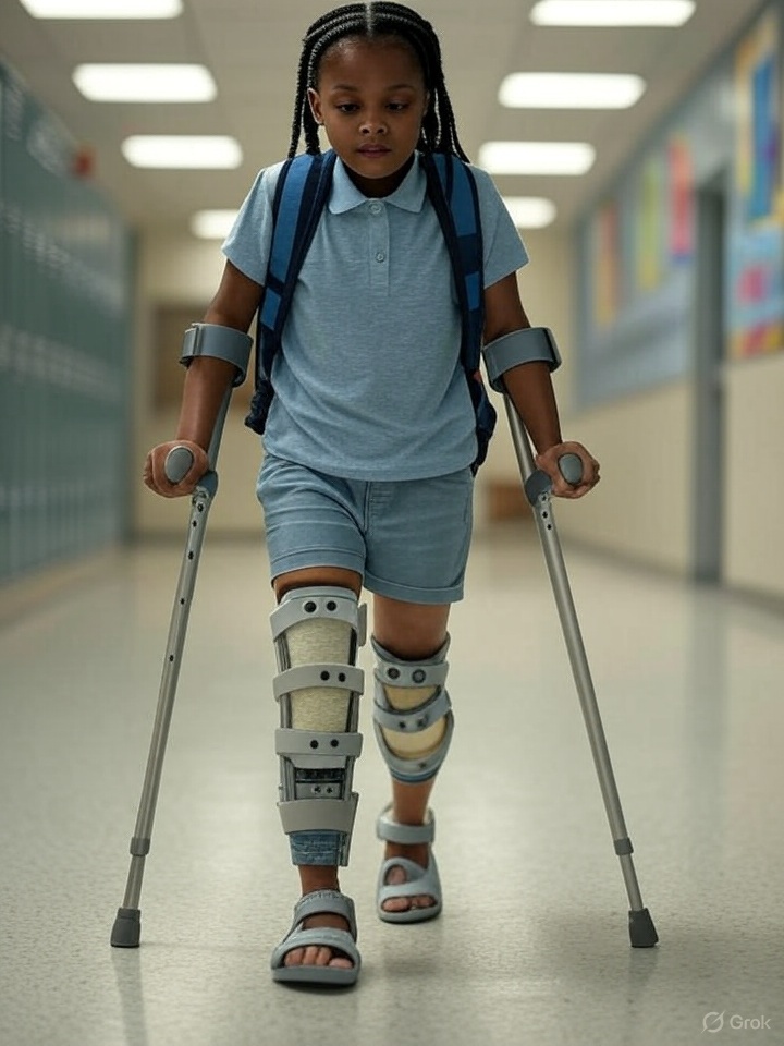 The girl is using correct arm crutches, but the orthotics are incorrect. 