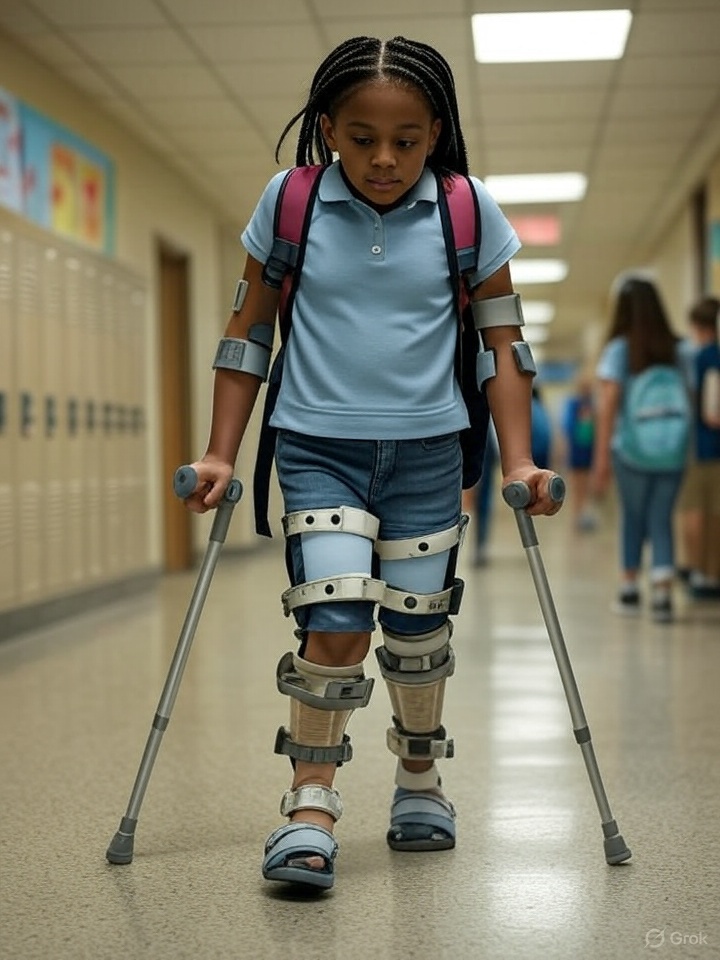 The girl is holding walking sticks and has bands on her arms that do not connect with the crutches. Her leg braces are not orthotics. 