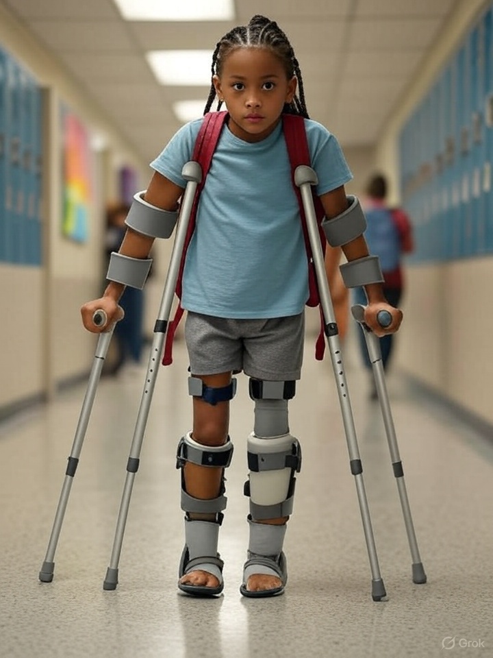 This image is bizarre! The girl has a set of ambulatory crutches under her arms, and she also has a set of walking sticks that look like the lower half of arm crutches. There are 2 bands around her forearms and upper arms that do not connect with the crutches. Her leg braces are not orthotics and are different on each leg and go up to her upper thighs. 