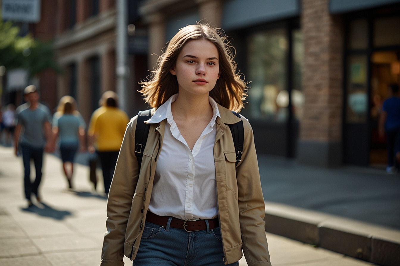 The girl is not walking with a white cane.
