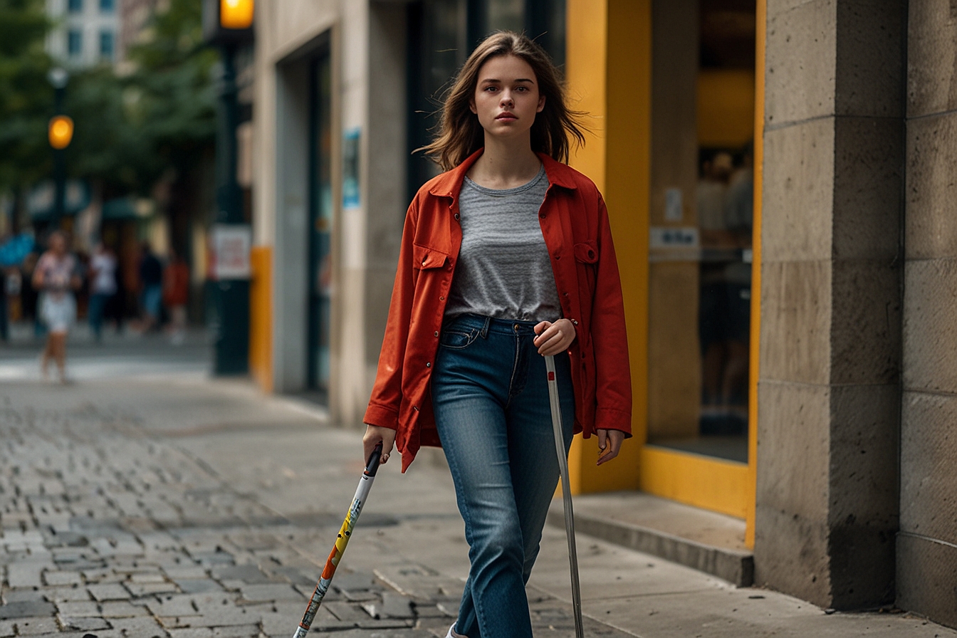 The girl has 2 left hands, with one holding a walking stick. Her right hand is dragging something behind her that has colors, but it's too thick to be a white cane. It looks more like a thin umbrella.
