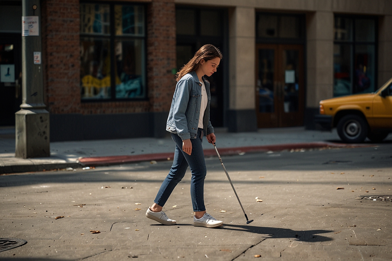 The girl is walking slumped forward and looking at the ground while holding a golf putter in her left hand. She is walking in the street and not on the sidewalk.