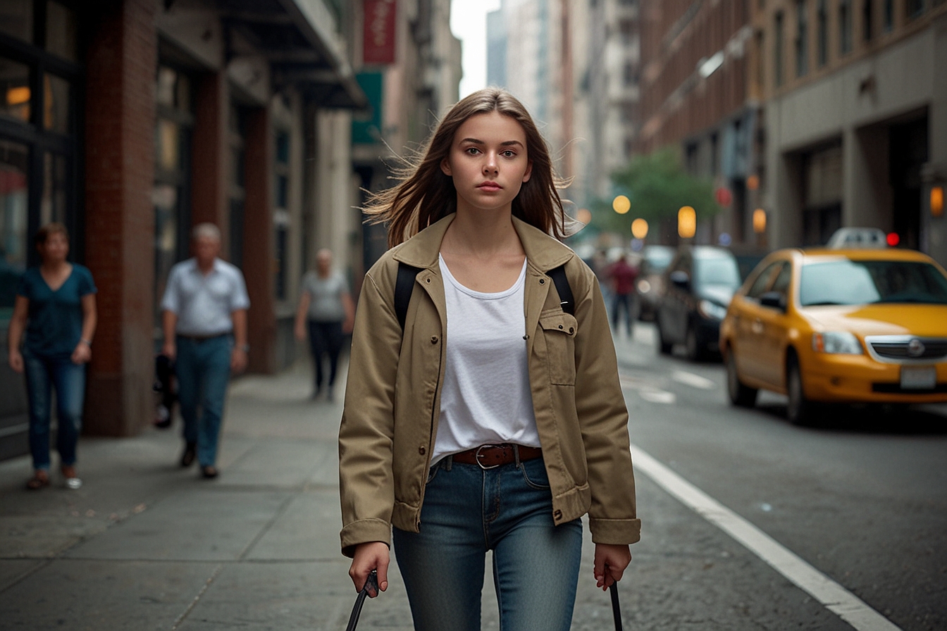 The girl has a thin black bar or stick in each of her hands, and we cannot see what they are because the image is cut off above her knees.