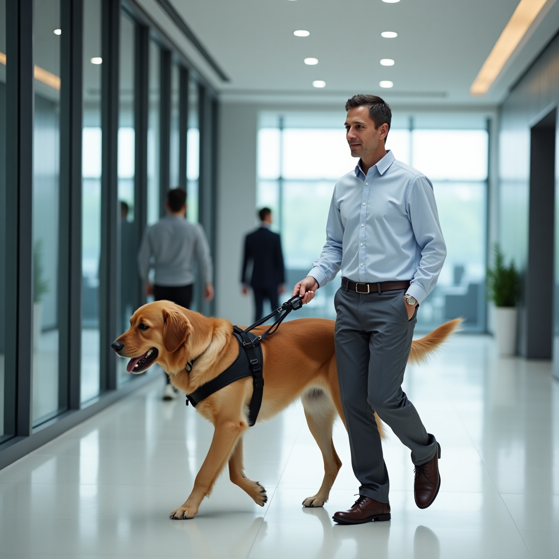 The man is walking with a large dog who is wearing a harness, and the man is holding a leash while resting his other hand in his pocket.