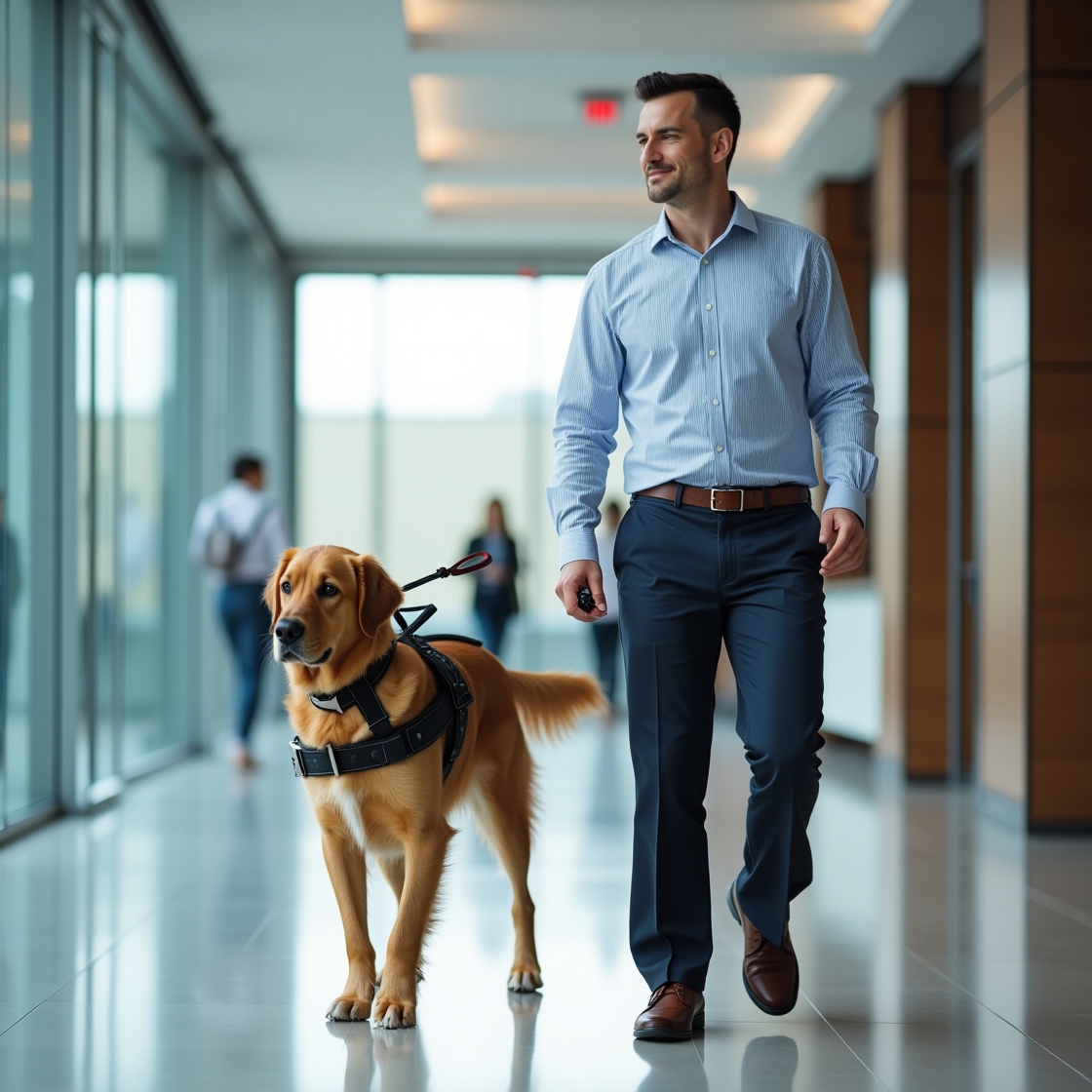 The man is walking beside a dog who is wearing a harness that is wrapped around his neck in an odd manner. There is a leash coming out of the back of the dog’s back.