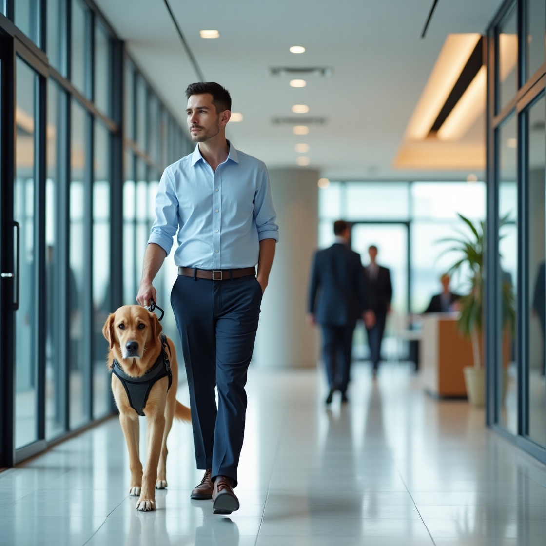 The man is walking beside the dog, and the dog is wearing a harness. It is not shown, but the man may be holding a short leash attached to the dog’s harness.