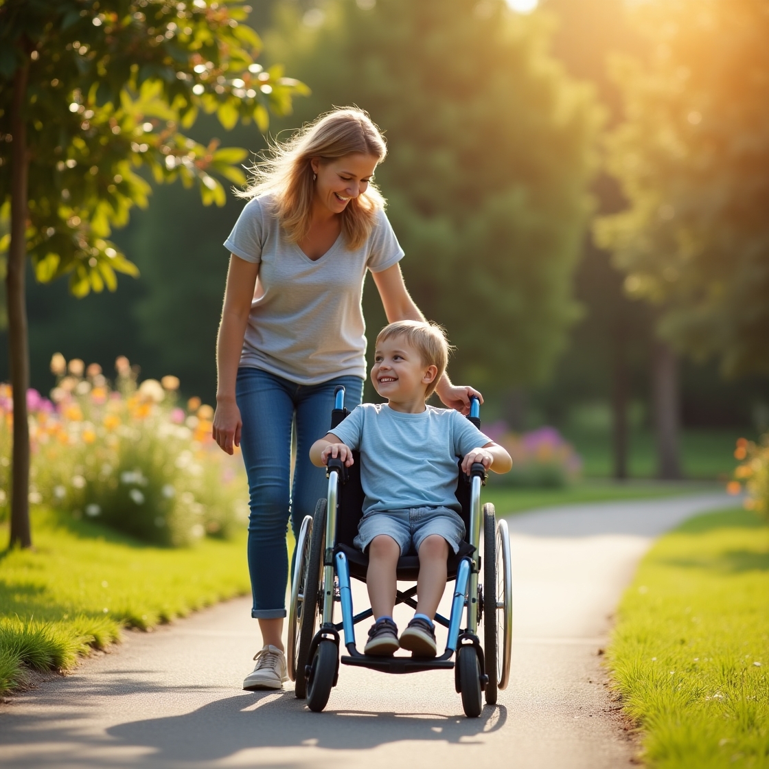 An image of a woman walking beside a young boy who is in a wheelchair.