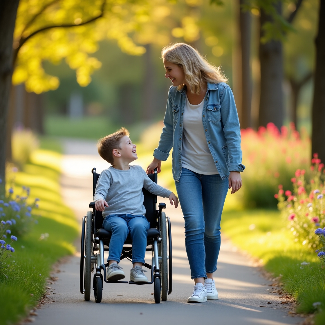 An image of a woman walking beside a young boy who is in a wheelchair.