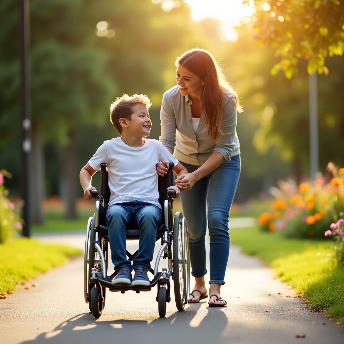 An image of a woman walking beside a young boy who is in a wheelchair.