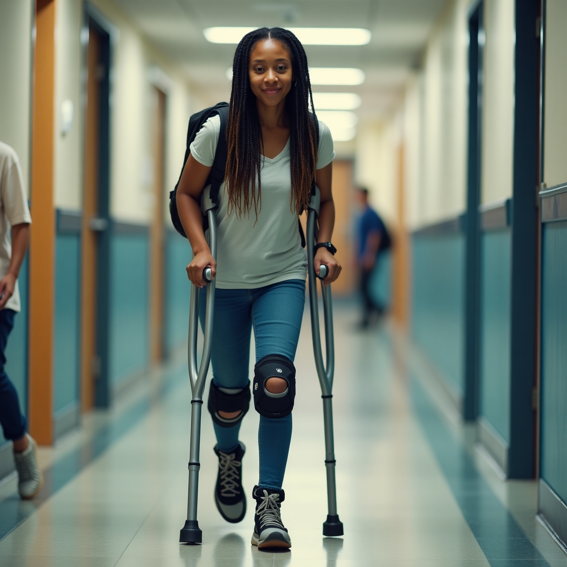 The girl is walking with a modified under arm crutch that has a detached handle, and she has knee pads on. 