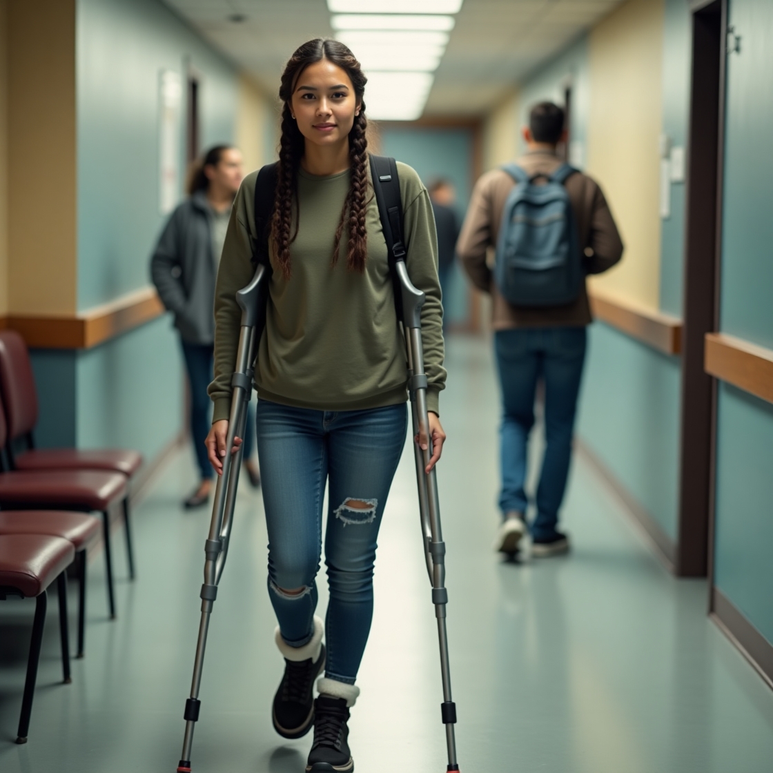 The girl has crutches under her arms that are too short and is not wearing any orthotics. 