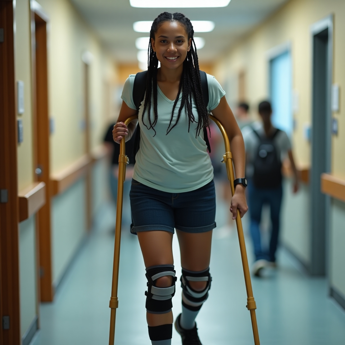 The girl has gold sticks that seem to wrap around behind her, and she has bands above and under her knees. 
