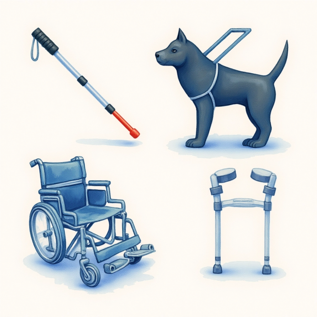 A white cane, a guide dog, a wheelchair, and a pair of forearm crutches representing tools used by people with disabilities.