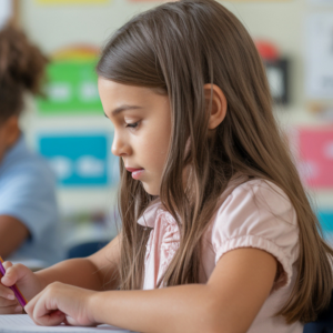 A girl writing at her desk in school.