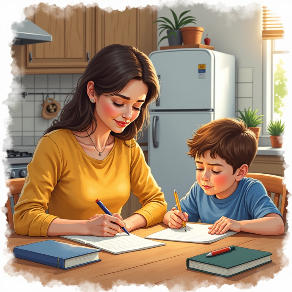 A watercolor style image of a mother writing a letter requesting an IEP evaluation for her son.