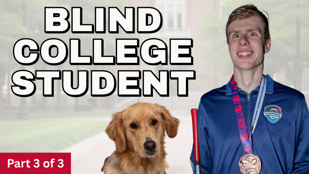 A photo of blind college student Evan Wilkerson with his guide dog