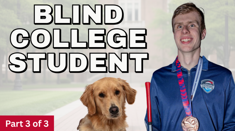 Blind college student Evan Wilkerson with his guide dog Titus on a college campus