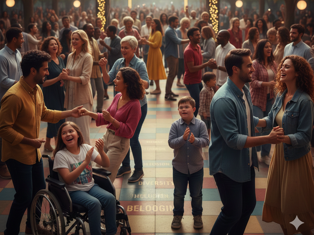 A group dance with a girl in a wheelchair and a young boy who appears to have Down syndrome in the crowd. 